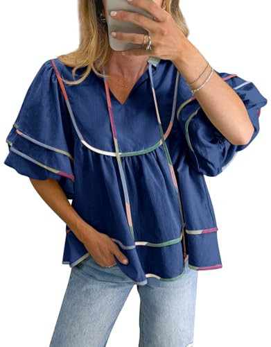 Cicy Bell Womens Summer Babydoll Tops V Neck Short Lantern Sleeve Shirts Cute Loose Fit Peplum Flowy Blouses Navy Blue | Amazon (US)