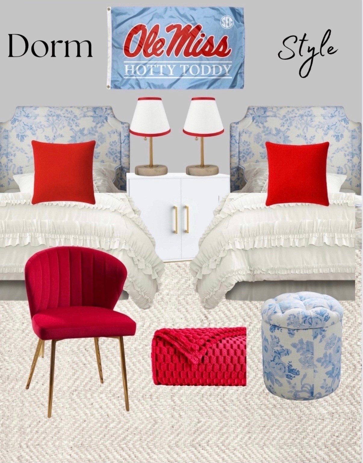 Ole Miss Rebels Dorm Inspiration 

#dorm #dormitory #dormroom #dormheadboard #dorminspiration #bedding #rebels #olemiss #rebelflag #olemissflag #reddeskchair #lamp #bedsidetable #arearug #college #collegedorm #collegeroom #collegeapartment #dorminspo #hottytoddy #olemissdorm #southerndorm

LoveShackFancy Auburn Wall Headboard

LoveShackFancy Tufted Round Storage Ottoman

Lush Decor Belle 3 Piece Ruffled Vintage Chic White Comforter Set with Bed Skirt and Pillow Sham, Twin XL

JOZZBY Buffet Sideboard Cabinet with Storage, Modern Wooden Free Standing Cabinet with Adjustable Shelves, White and Gold Cabinets for Living Room, Kitchen, Hallway

College Flags & Banners Co. Ole Miss Powder Blue Hotty Toddy Flag

EMMA + OLIVER Contemporary Design Red Plastic Stack Chair

Daulton Velvet Side Chair

Oversized Quilted Velvet Square Throw Pillow - Threshold™

Urbanest Coolie Hardback Lampshade, Faux Silk, 5-inch by 9-inch by 7-inch, Off White with Red Trim, Spider Washer Fitter

Small Table Lamp, Bedroom Lamps Set of 2, 3 Way Dimmable Bedside Lamps with Marble Base & Linen Shade &Pull Chain Nightstand Lamps 18.5 Inches Desk Lamps for Living Room(Bulbs Included)

Decorative Soft Plush Fleece Throw Blanket for Couch Sofa 50" x 60", Luxury Shaggy Lightweight 3D Pattern Velvet Flannel Blanket for Bedroom, Solid Cute Warm Lap Blanket for Winter Pet, Red

#LTKBacktoSchool 

#LTKSummerEdit #LTKStyleTip

#LTKdayinmylife #LTKU #LTKHome