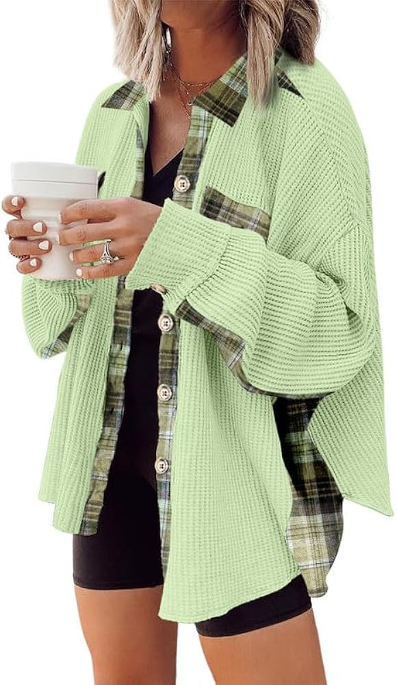 SHEWIN Womens Waffle Knit Plaid Shacket Boyfriend Button Down Shirt Jacket Loose Long Sleeve Tops | Amazon (US)