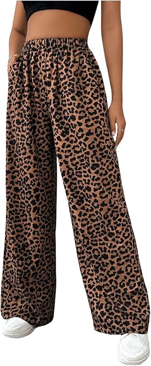 OYOANGLE Women's Leopard Print Elastic High Waist Long Pants Wide Leg Loose Trousers with Pockets | Amazon (US)