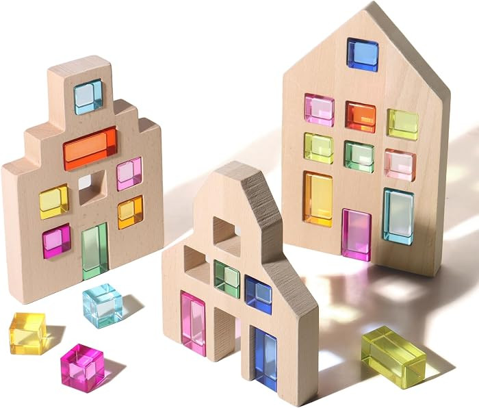 25 Pcs Rainbow Acrylic Building Blocks with 3 Beech Wood Houses, Dual Insert & Stack Sensory Toy,... | Amazon (US)