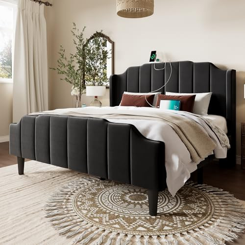 Allewie Vintage Queen Size Velvet Platform Bed Frame with Curved Vertical Tufted Wingback Headboard and Footboard, Charging Station, Easy Assembly, Under Bed Storage, No Box Spring Required, Black | Amazon (US)