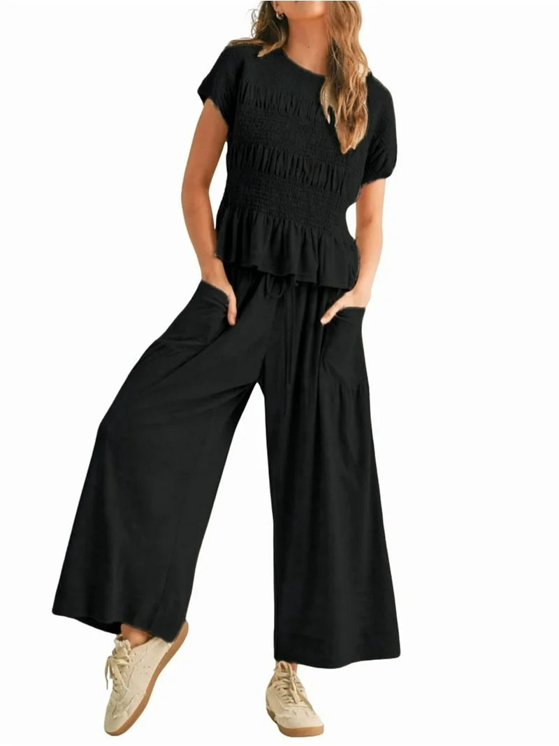 Women'S 2-Piece Smocked Top & Wide-Leg Pants Set-High-Waisted Lounge Outfit with Pockets Casual B... | Walmart (US)
