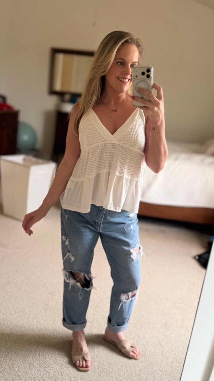Casual date night look 🤍
Under $20 sale on this cute trendy top for summer !? 
I bought 3 colors 🤭
& these Steve Madden sandals have a price drop on Amazon currently 🫶🏼

This peplum babydoll V neck waffle knit Boho tank top is hands down my new favorite top from Amazon
Perfect for graduation parties, date night outfits, or vacation fits 🤍 

Also linking my gold birth year necklace because it’s 40% off on Etsy today!  -makes for a great affordable birthday gift for her

#LTKWomens #LTKSummer #weekendoutfit #under20 #under50 #amazonfashion #pricedrop #amazonfinds #whiteoutfit #vacationoutfit #summeroutfitinspo #summeroutfits #stevemadden #sandals #datenightoutfit #summermakeup #lashes #tarte