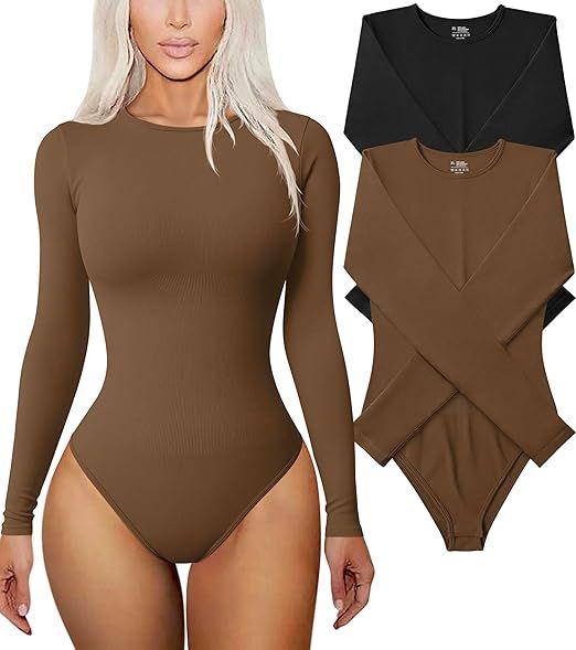 TOB Women's 2 Piece Bodysuits Sexy Ribbed One Piece Long Sleeve Round Neck Tops Bodysuits | Amazon (US)