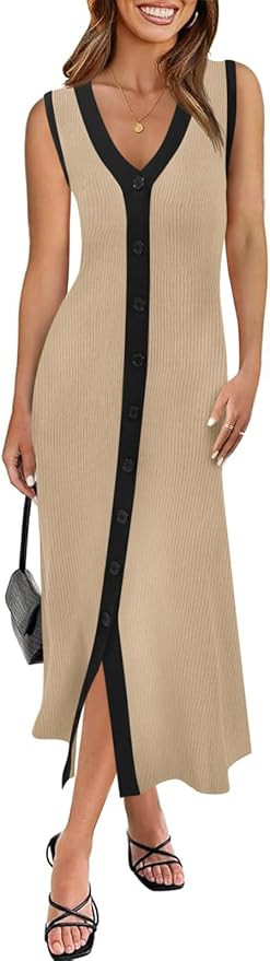 Saodimallsu Womens Summer Button Down Sweater Dresses Sleeveless V Neck Casual Ribbed Knit Color ... | Amazon (US)