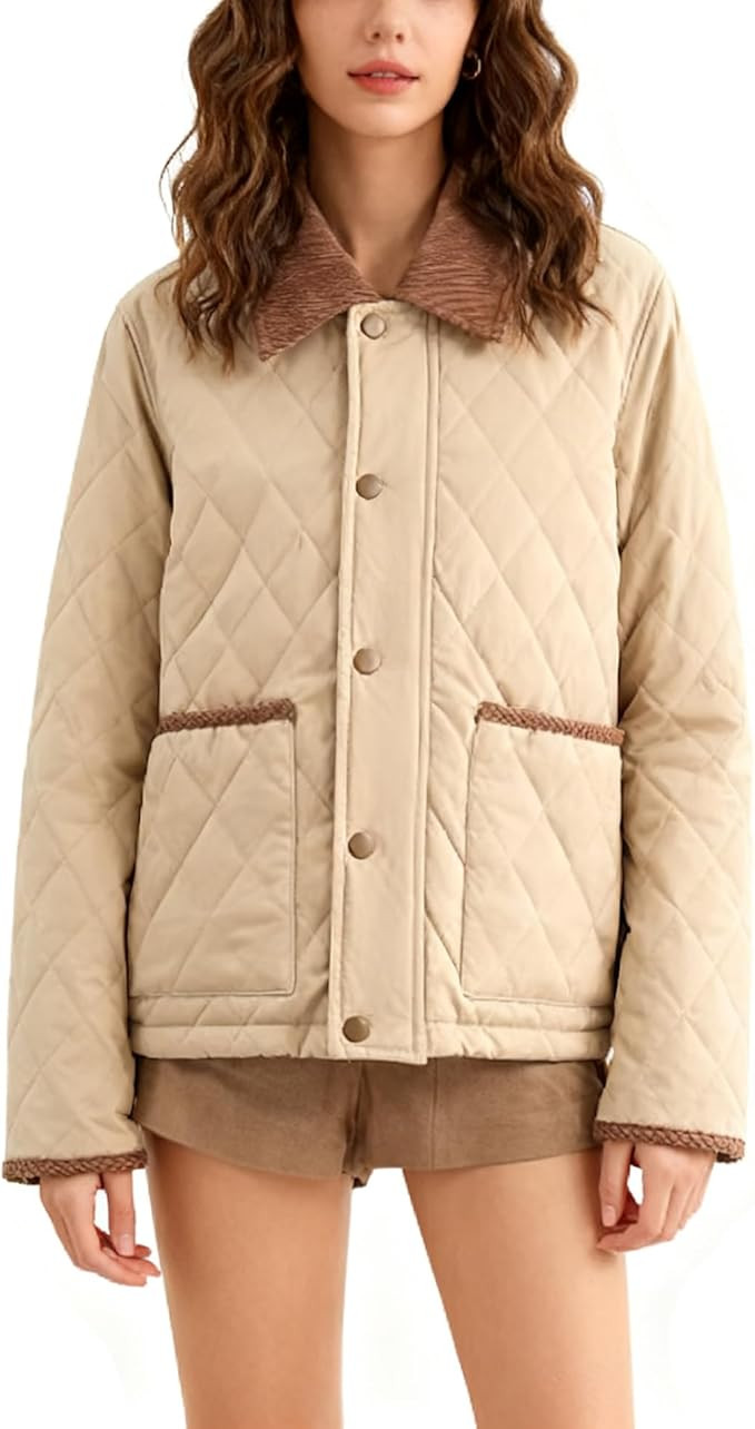 Women Diamond Quilted Jacket Corduroy Collar Long Sleeve Button Down Puffer Coat Casual Fall Padd... | Amazon (US)