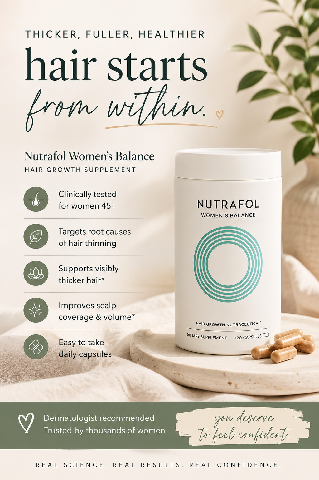 ✨ THICKER, HEALTHIER-LOOKING HAIR STARTS HERE ✨

If you've noticed increased hair shedding, thinning around your part line, or less volume than you used to have, you're not alone. As women enter perimenopause and menopause, hormonal changes can impact hair growth and scalp coverage.

That's why Nutrafol Women's Balance has become one of the most talked-about hair wellness supplements for women 45+. This clinically tested formula is designed specifically for women experiencing age-related hair thinning and helps support visibly thicker, fuller-looking hair and improved scalp coverage.

💕 Designed for women 45+
💕 Supports visibly thicker hair
💕 Helps improve scalp coverage
💕 Dermatologist-recommended brand
💕 Targets root causes of hair thinning
💕 Easy addition to your daily wellness routine

I've been focused on supporting healthy hair, skin, and confidence from the inside out, and this is one of the most popular supplements women continue to recommend.

#Nutrafol #HairGrowth #HealthyHairJourney #WomenOver40 #WomenOver45 #MenopauseSupport #HairCareRoutine #WellnessJourney #BeautyFromWithin #LTKBeauty 

 #LTKselfcare #LTKOver40 #LTKBeauty
