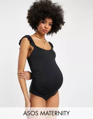 ASOS DESIGN Maternity flutter sleeve swimsuit in black | ASOS (Global)