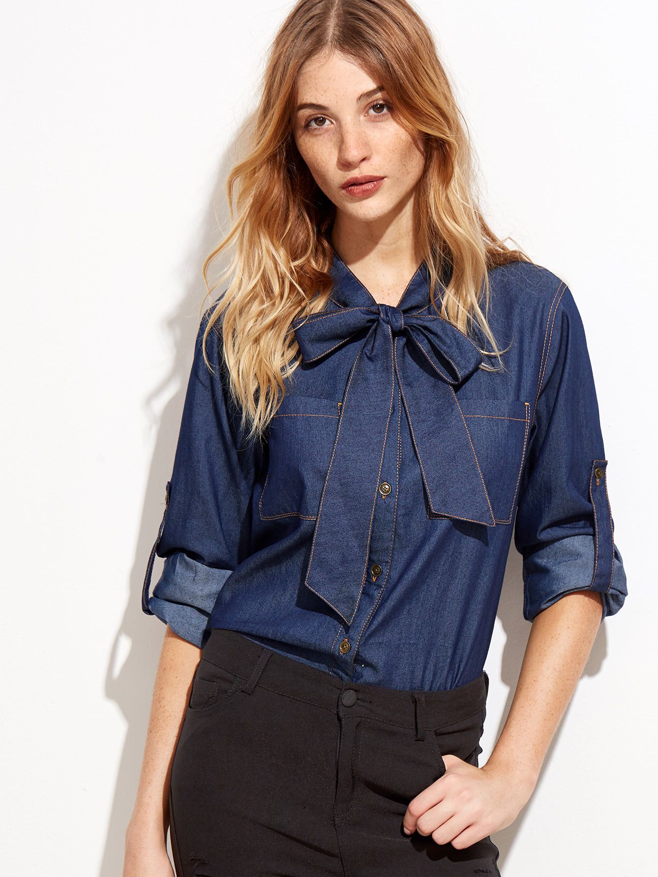 Navy Tie Neck Roll Sleeve Chambray Blouse | SHEIN