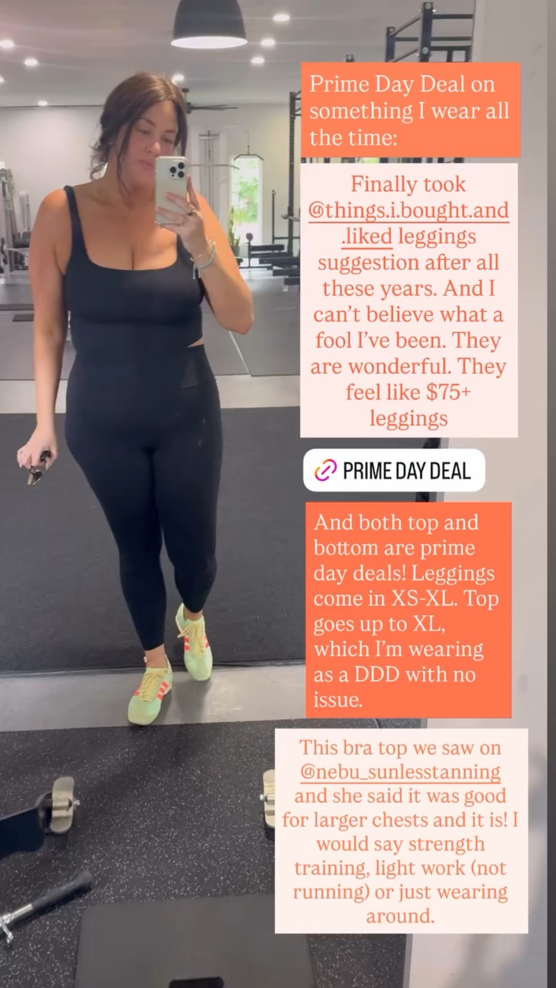 Prime Day Deal on something I wear all the time:  And both top and bottom are prime day deals! Leggings come in XS-XL. Top goes up to XL, which I’m wearing as a DDD with no issue.  Finally took @things.i.bought.and.liked leggings suggestion after all these years. And I can’t believe what a fool I’ve been. They are wonderful. They feel like $75+ leggings This bra top we saw on @nebu_sunlesstanning  and she said it was good for larger chests and it is! I would say strength training, light work (not running) or just wearing around.

#LTKActive #LTKMidsize #LTKSaleAlert