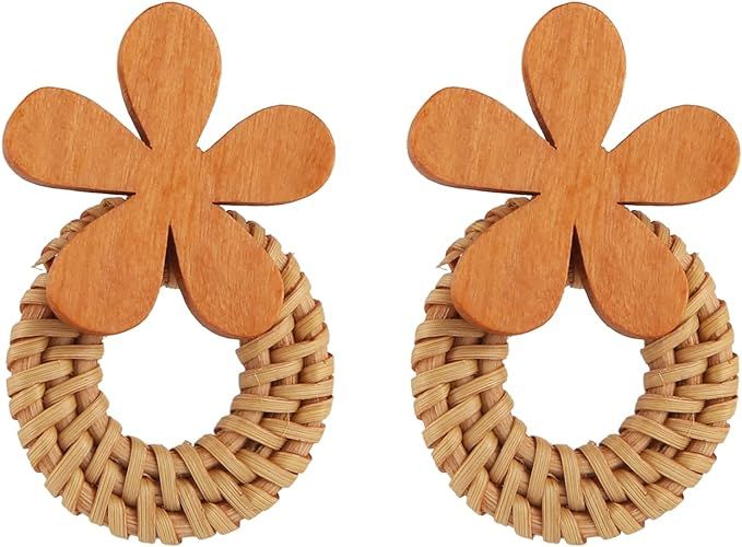 STWTR Women'S Rattan Fashion Earrings Handmade Straw Wicker Woven Love Pendant Round Earrings | Amazon (US)