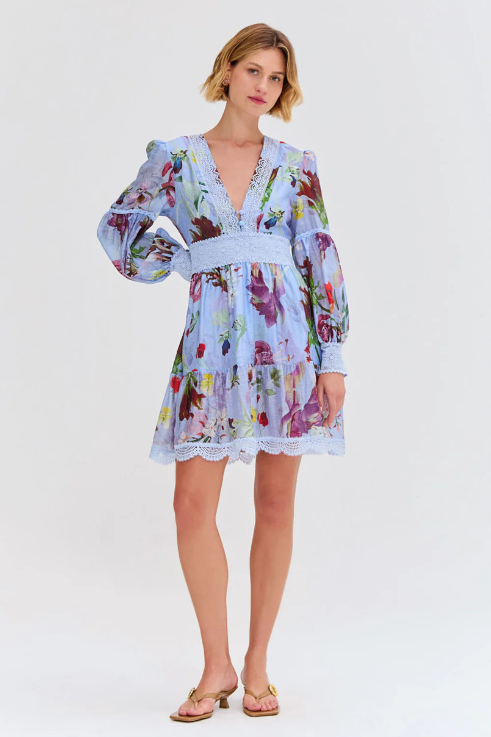 LILY FLOWER LONG SLEEVE PLUNGE MINI DRESS | PatBO