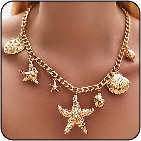 Seashell Necklaces for Women Big Starfish Shell Charm Chunky Gold Necklace Beach Jewelry for Wome... | Amazon (US)