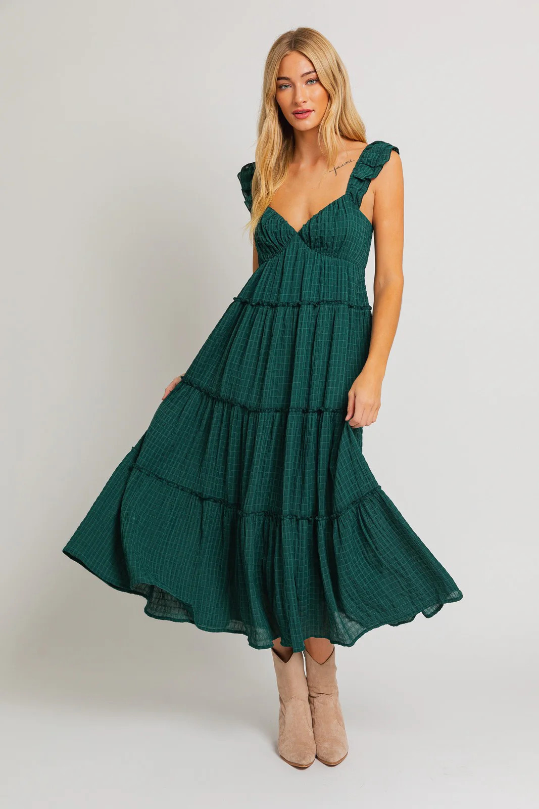 Forest Green Textured Tiered Midi Dress | PinkBlush Maternity
