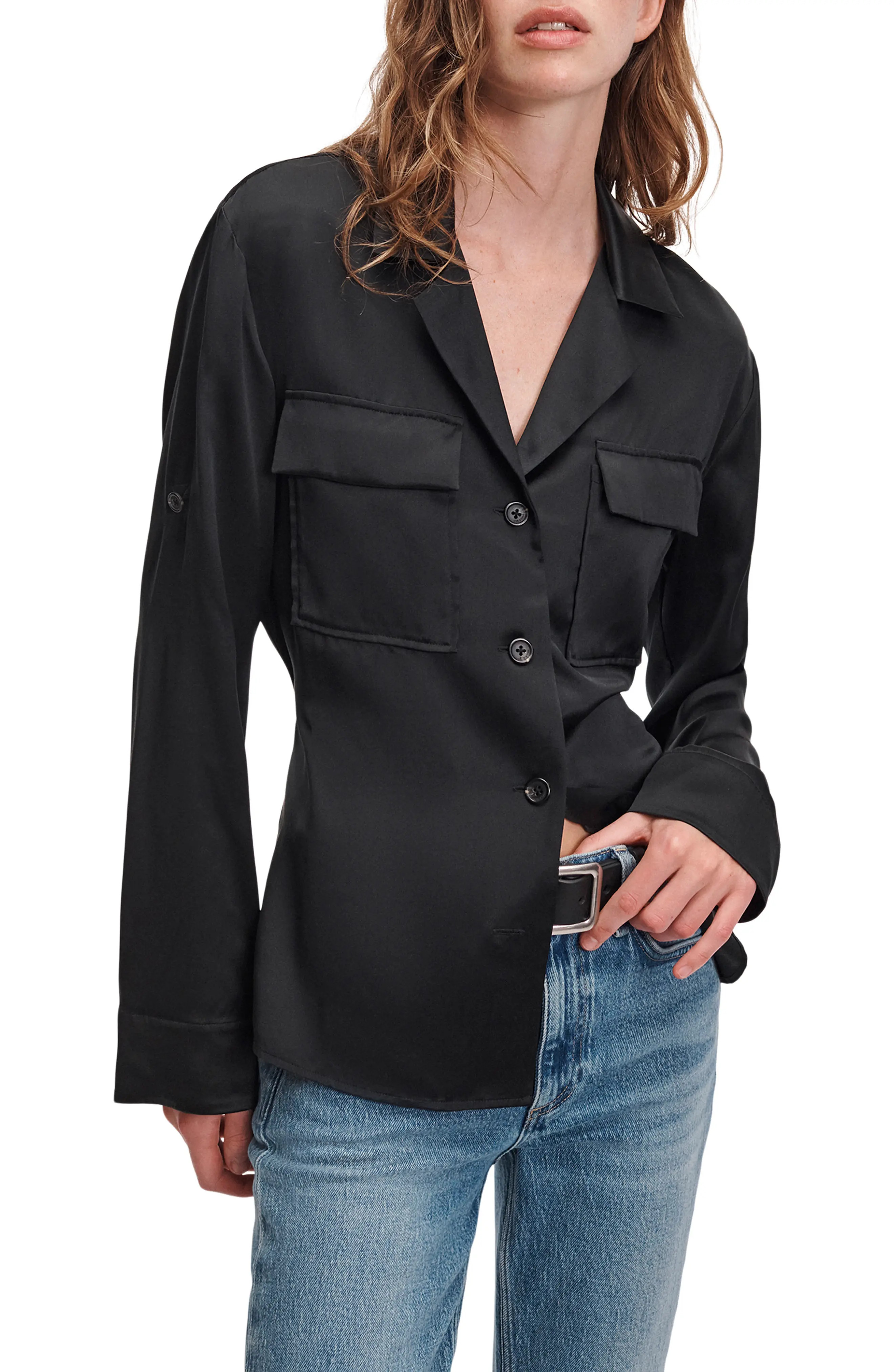 rag & bone Sonny Silk Shirt in Black at Nordstrom, Size X-Large | Nordstrom