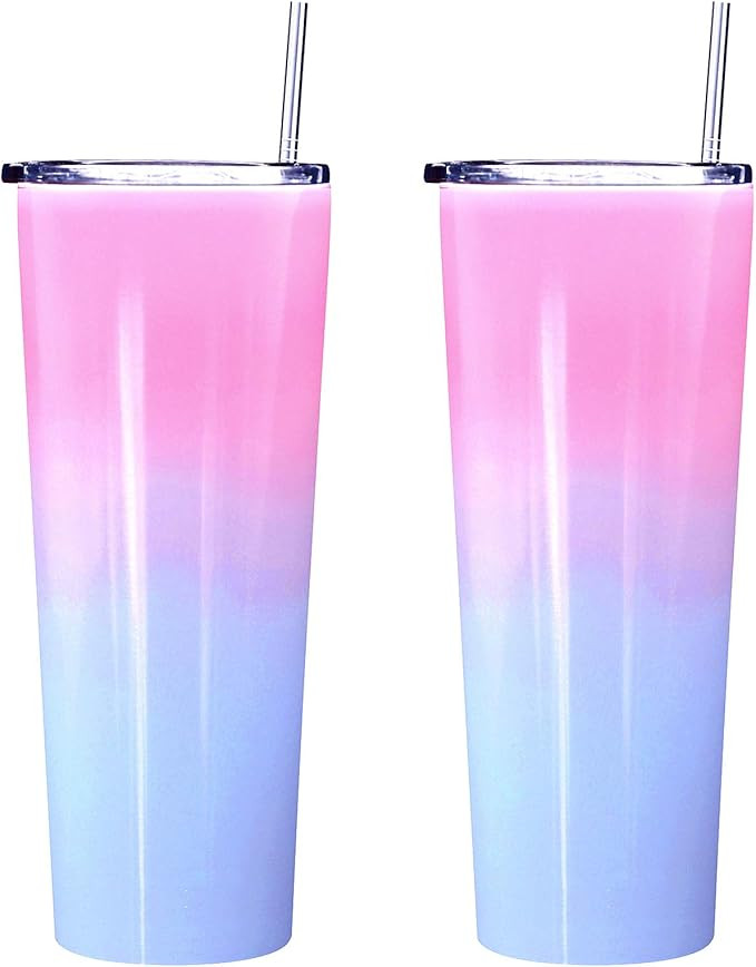 Ezprogear 26 oz 2 Pack Stainless Steel Double Wall Slim Skinny Tumbler Glossy Pink Lavender/Blue ... | Amazon (US)