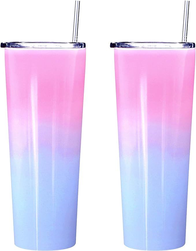 Ezprogear 26 oz 2 Pack Stainless Steel Double Wall Slim Skinny Tumbler Glossy Pink Lavender/Blue ... | Amazon (US)