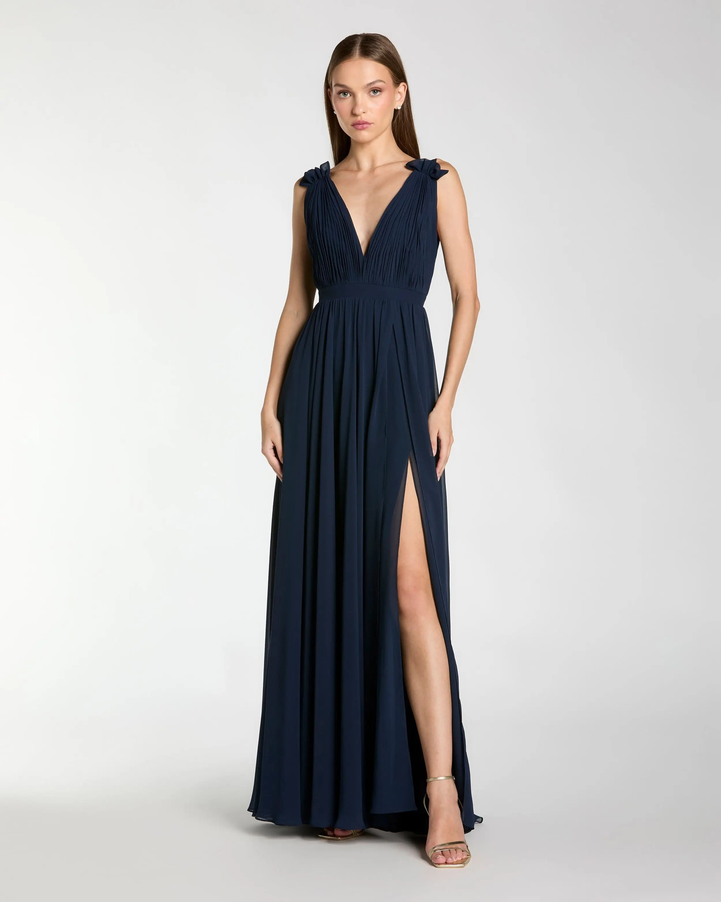 Navy Sleeveless Pleated Chiffon V-Neck Gown | Mac Duggal | Mac Duggal