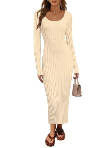 MEROKEETY Women's Fall Long Sleeve Sweater Dress Casual Ribbed Knit Slim Fit Bodycon Maxi Dresses, Apricot, Medium | Amazon (US)