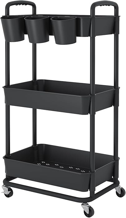 JIUYOTREE 3-Tier Plastic Rolling Storage Cart Utility Cart with Extra Hanging Cups Handles Lockab... | Amazon (US)