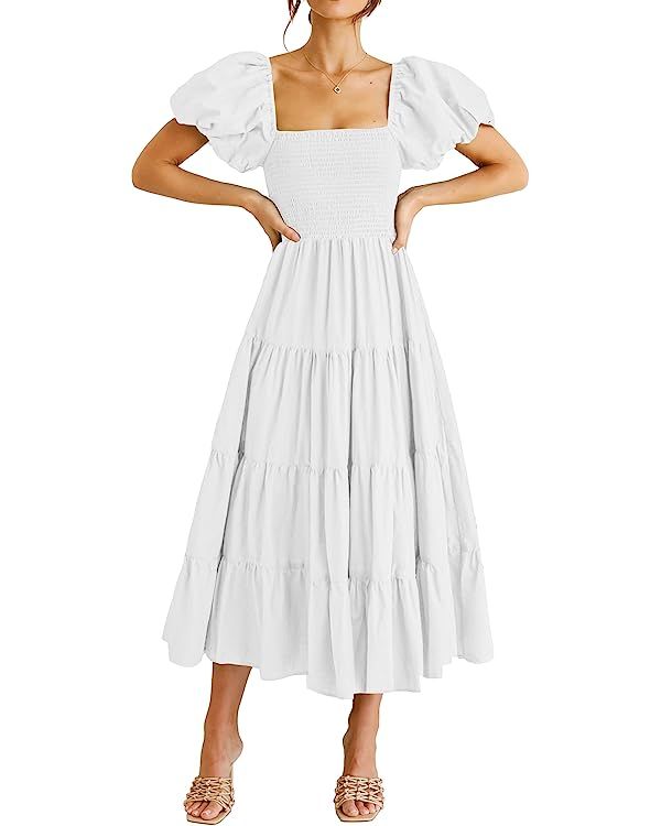 PRETTYGARDEN Women's Casual Summer Midi Dress Puffy Short Sleeve Square Neck Smocked Tiered Ruffl... | Amazon (US)