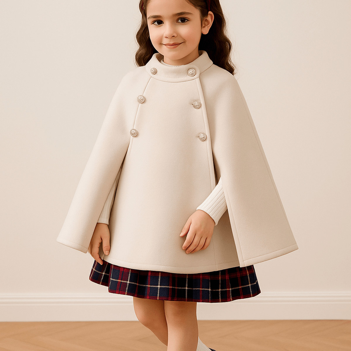 SHEIN Young Girl Beige Color Splice Button Cape Shawl Detail Ladylike Style Woolen Coat For Autumn And Winter | SHEIN