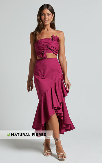 Destiny Two Piece Set - Knot Detail Crop Top and Ruffle Maxi Skirt Set in Plum | Showpo (ANZ)