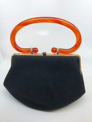 Vintage Empress black Felt fabric Purse Handbag Butterscotch Lucite handle | eBay US