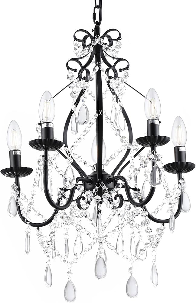 riomasee Mini Crystal Chandelier 5 Lights Black Chandelier with K9 Crystal Raindrop Iron Ceiling ... | Amazon (US)
