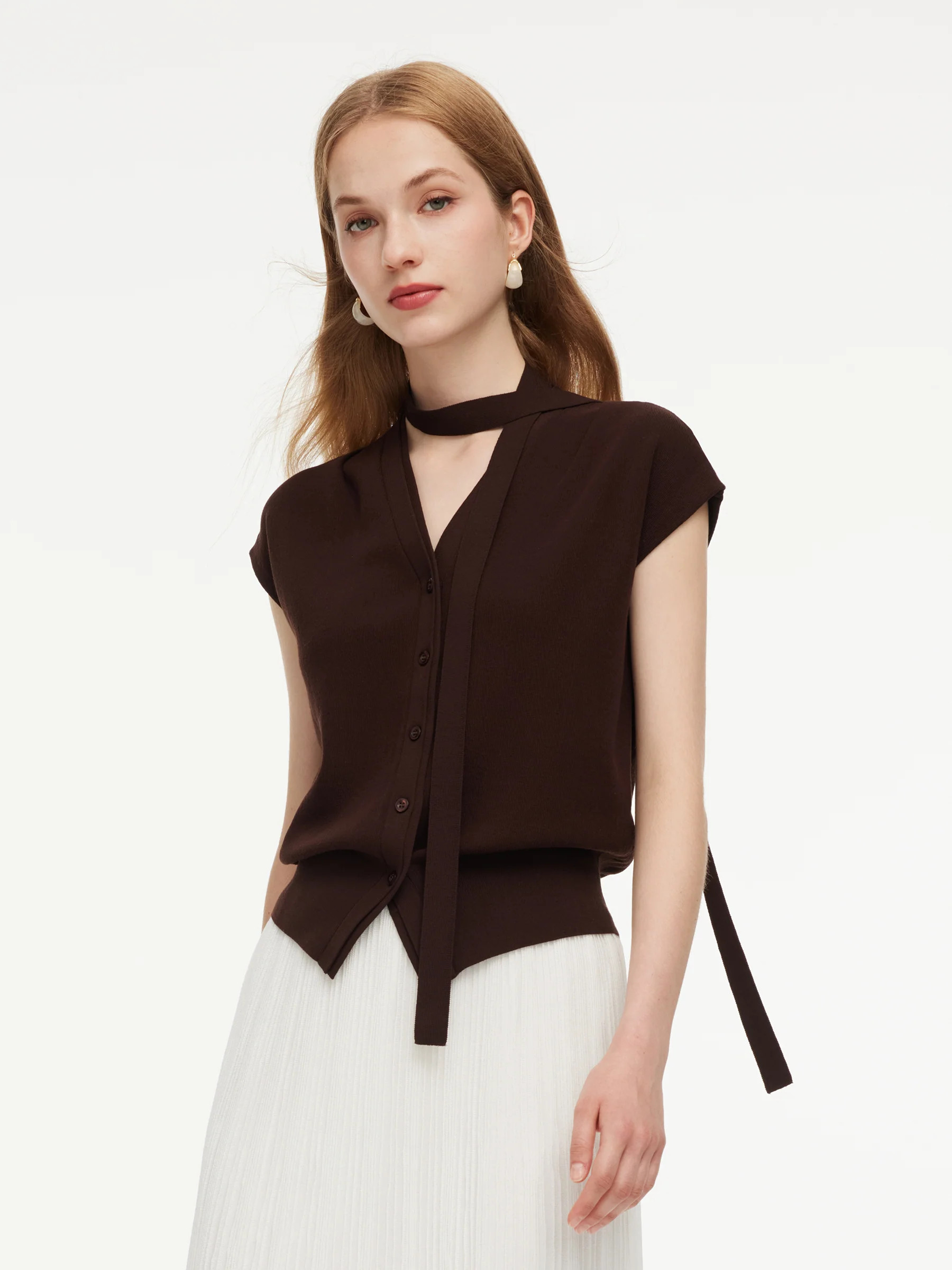 Lyocell Blend V-Neck Women Cardigan With Ribbon | GOELIA