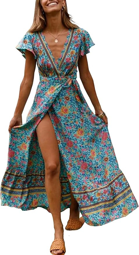 R.Vivimos Women's Summer Short Sleeve Floral Print Bohemian Beach Waist Tie Wrap Long Flowy Dress... | Amazon (US)