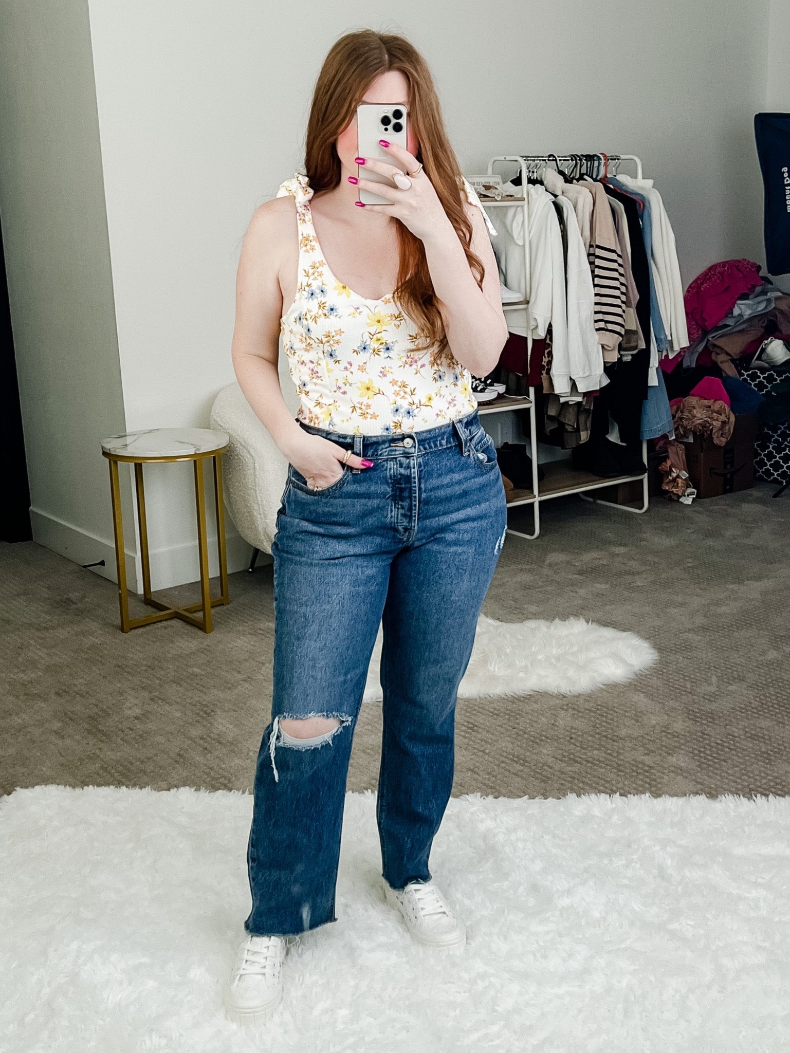 Spring outfit from old navy. Love this floral bodysuit size medium. Side 8 in straight leg jeans. Old navy jeans. 

#LTKstyletip #LTKsalealert #LTKSeasonal