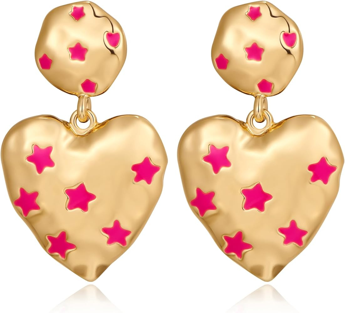 Gold Heart Earrings Gold Earrings for Women Gold Pink Dangle Earrings Fashion Statement Jewelry | Amazon (US)