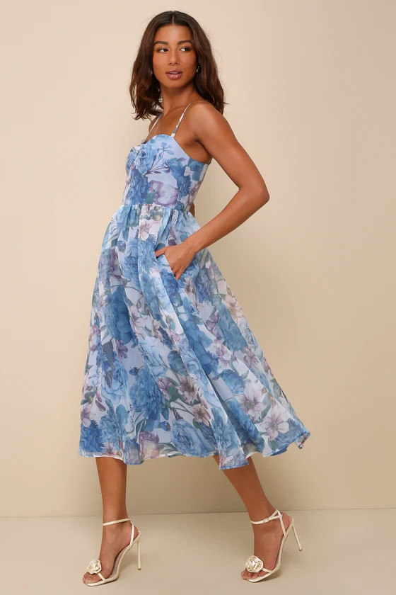 Cherished Aura Blue Multi Floral Organza Bustier Midi Dress | Lulus