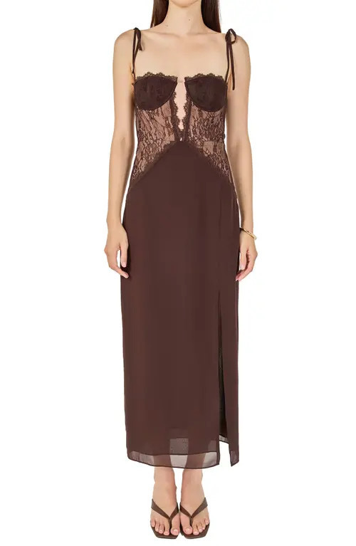 Endless Rose Lace Bustier Sleeveless Midi Dress in Chocolate Brown at Nordstrom, Size Medium | Nordstrom