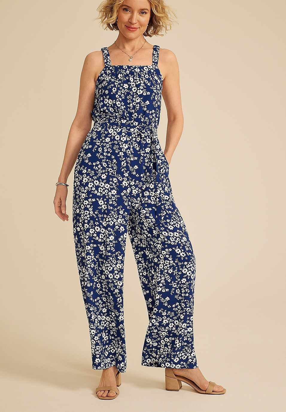 Bare Square Neck Tie Waist Jumpsuit | Maurices