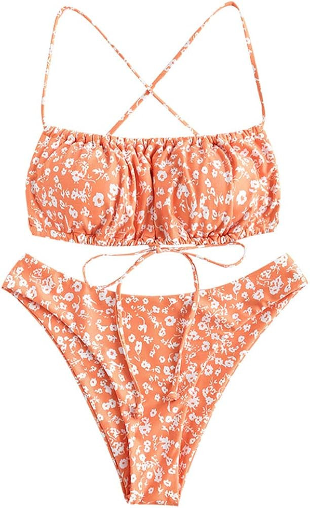 ZAFUL Women's Spaghetti Strap Cutout Keyhole Ruched Tie Cami Bikini Set Swimsuit | Amazon (US)