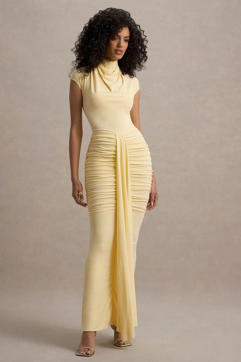 Lorenza  Lemon High-Neck Ruched Maxi Dress With Draped Skirt | Club L London