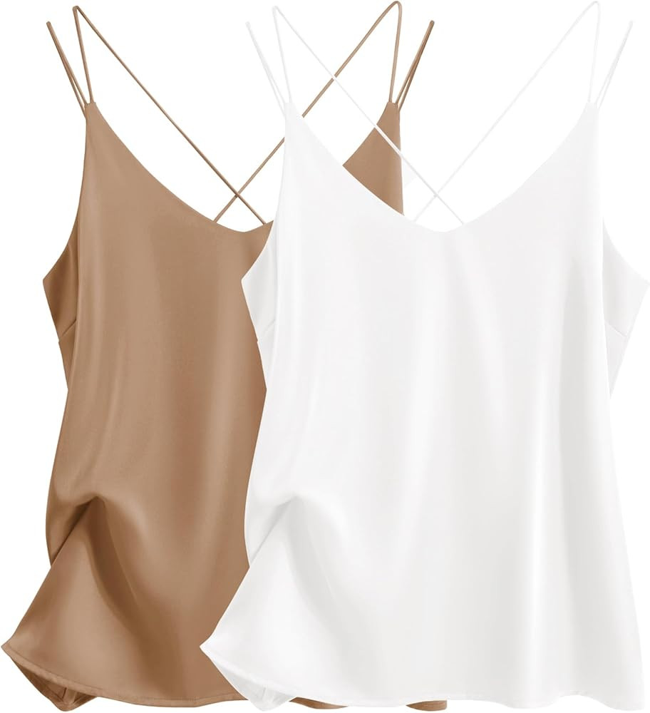 Ekouaer Womens 2-Pack Silk Satin Camisole Tank Top V Neck Sexy Cross Back Spaghetti Strap Cami Sl... | Amazon (US)
