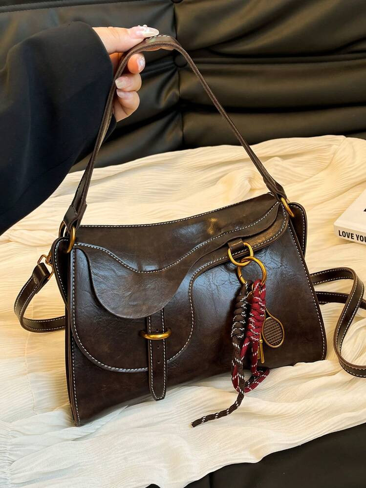 1pc Women Vintage Solid Color PU Leather Shoulder/Crossbody Bag, Classic Fashion Ladies Handbag W... | SHEIN