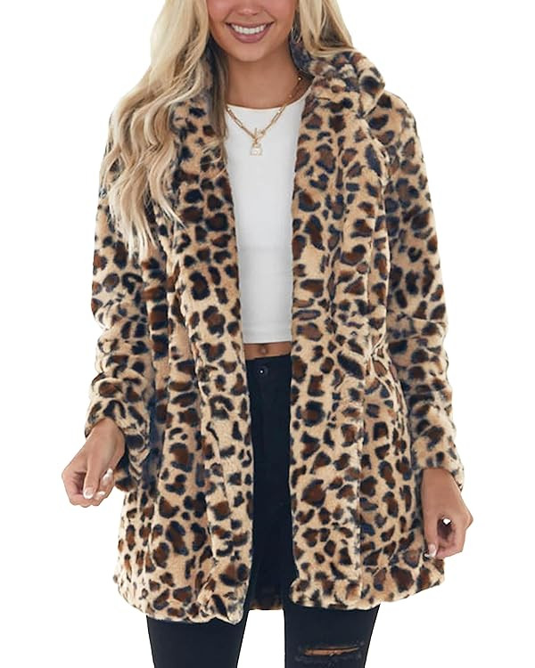 Omoone Women's Faux Fur Jackets Autumn Winter Leopard Coats Loose Fur Coat with Pockets | Amazon (US)