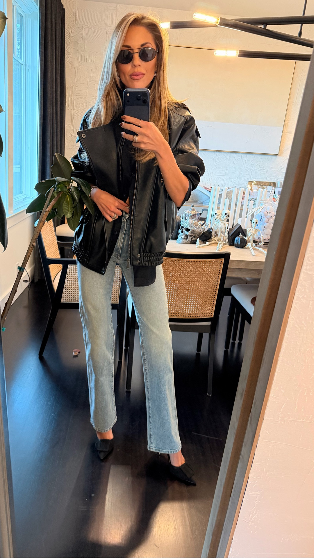 Fall denim and leather jacket. Silk top. Work , dinner, brunch, girls night. 

#LTKSeasonal #LTKTall #LTKWorkwear