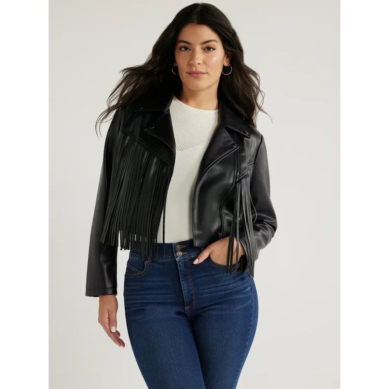 Sofia Jeans Women's Faux Leather Asymmetrical Zip Cropped Fringe Jacket, Sizes XS-XXL | Walmart (US)