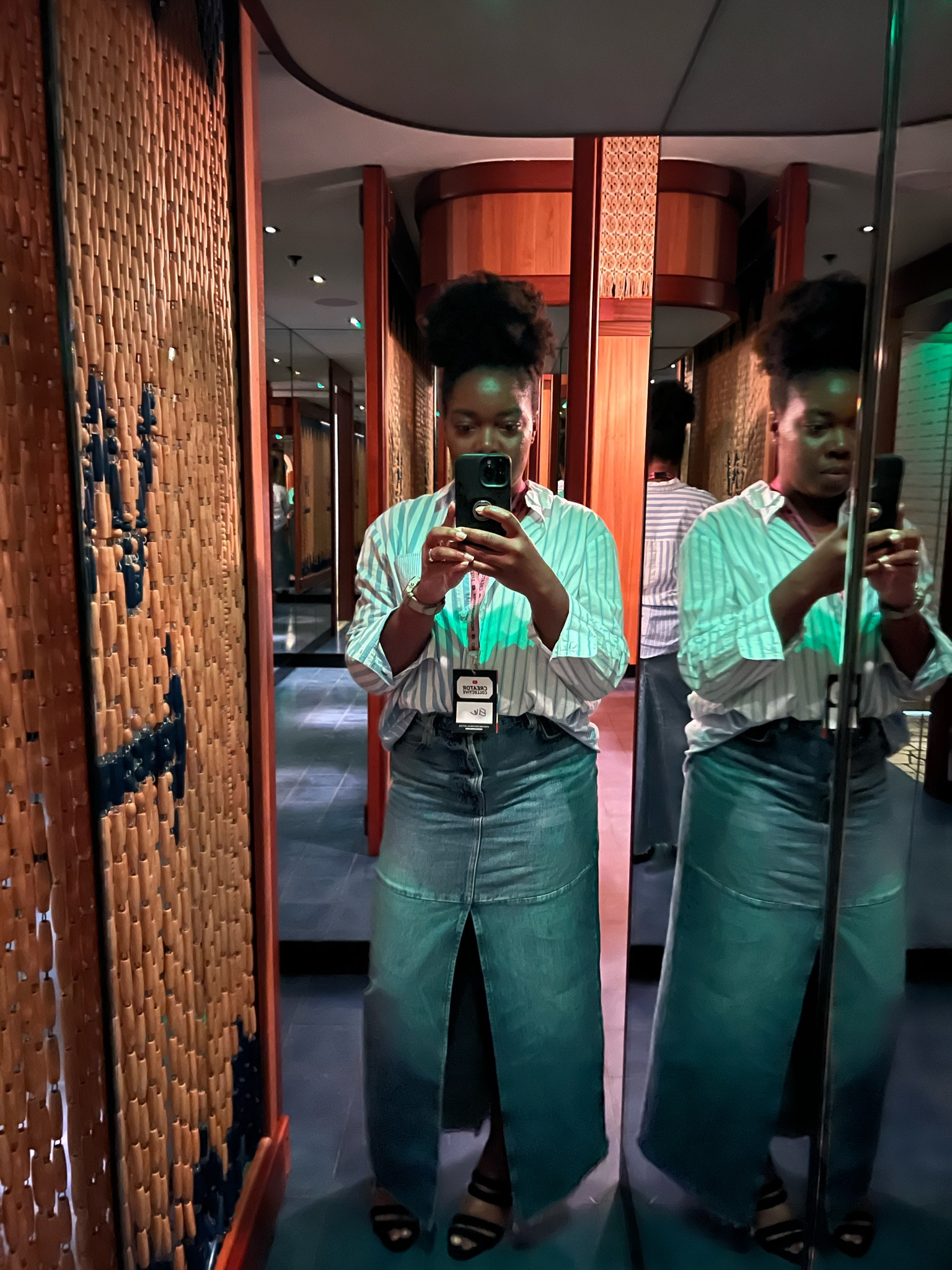 Couldn’t get a decent picture - the lighting was so bad but here’s a lil outfit idea for wearing a maxi denim skirt with a shirt (striped) and heeled mules (I’m wearing old ones from topshop) 

#LTKstyletip #LTKeurope #LTKparties