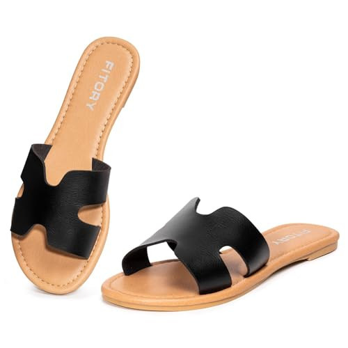 FITORY Women's Comfortable Dressy Leather Flat Sandals - Stylish & Beautiful Summer Slides Black Size 10 | Amazon (US)