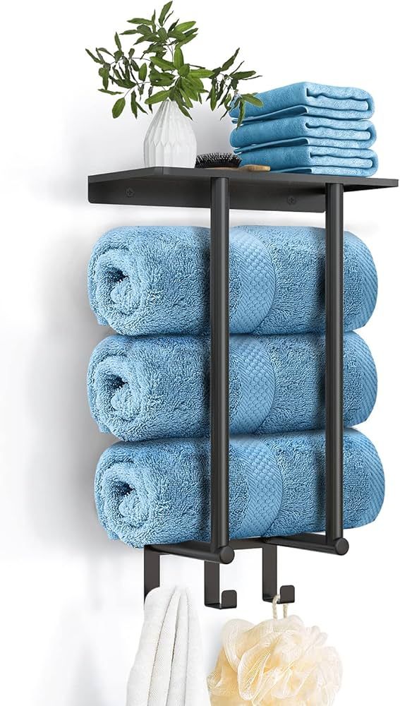 Towel Rack Wall Mounted, BETHOM Towel Rack with Metal Shelf and 3 Hooks for Small Bathroom, Towel... | Amazon (US)