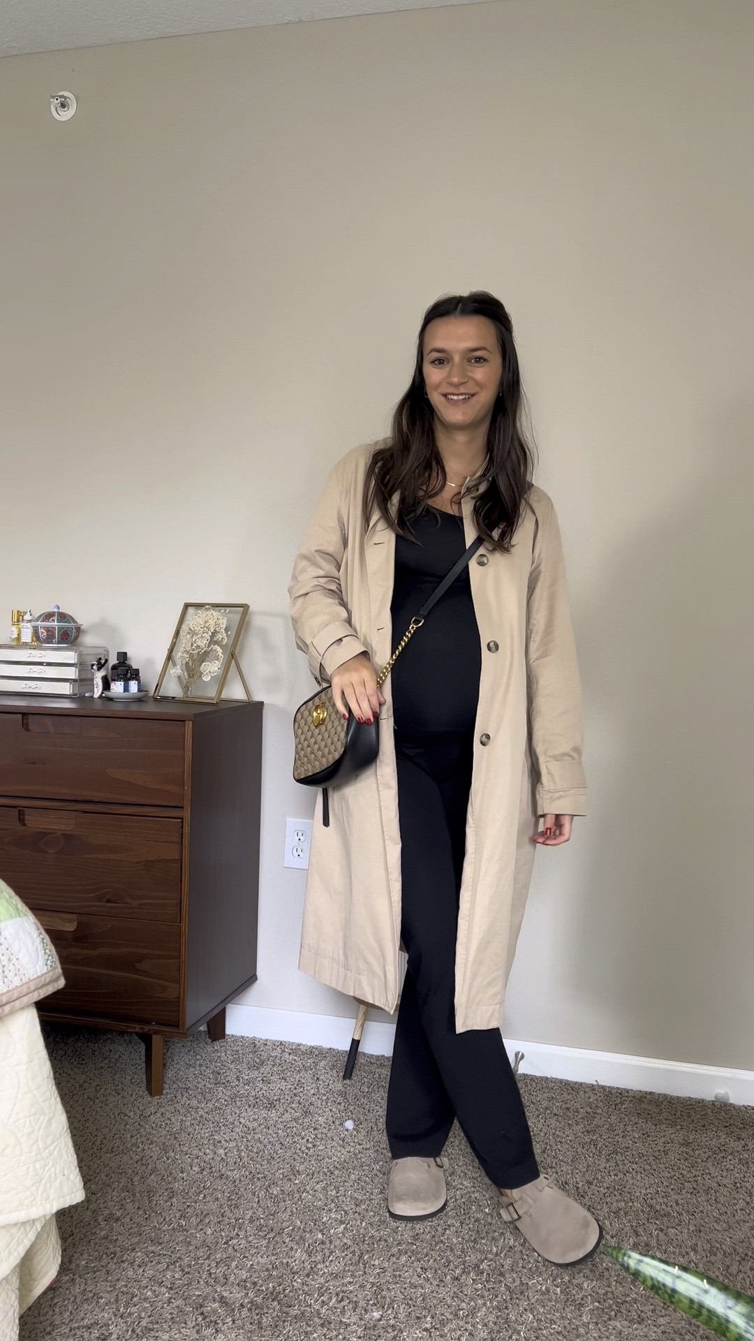 Casual outfit idea with trench coat, Birkenstocks, Gucci marmont bag, and flare leggings 

#LTKbump