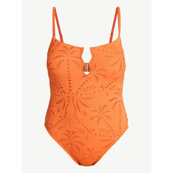 Time and Tru Women's and Women's Plus Size Eyelet Embroidered V Wire One Piece Swimsuit, Sizes XS... | Walmart (US)