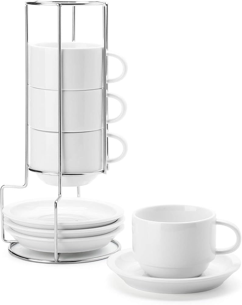 Sweese 8 Ounce Porcelain Stackable Cappuccino Cups with Saucers and Metal Stand - for Specialty C... | Amazon (US)